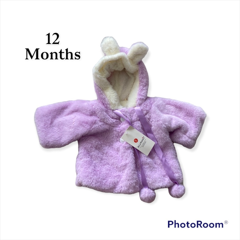 NWT 🔖 Baby Faux Fur Coat | Lavender | Size 12 Months | hood with ears | buttons